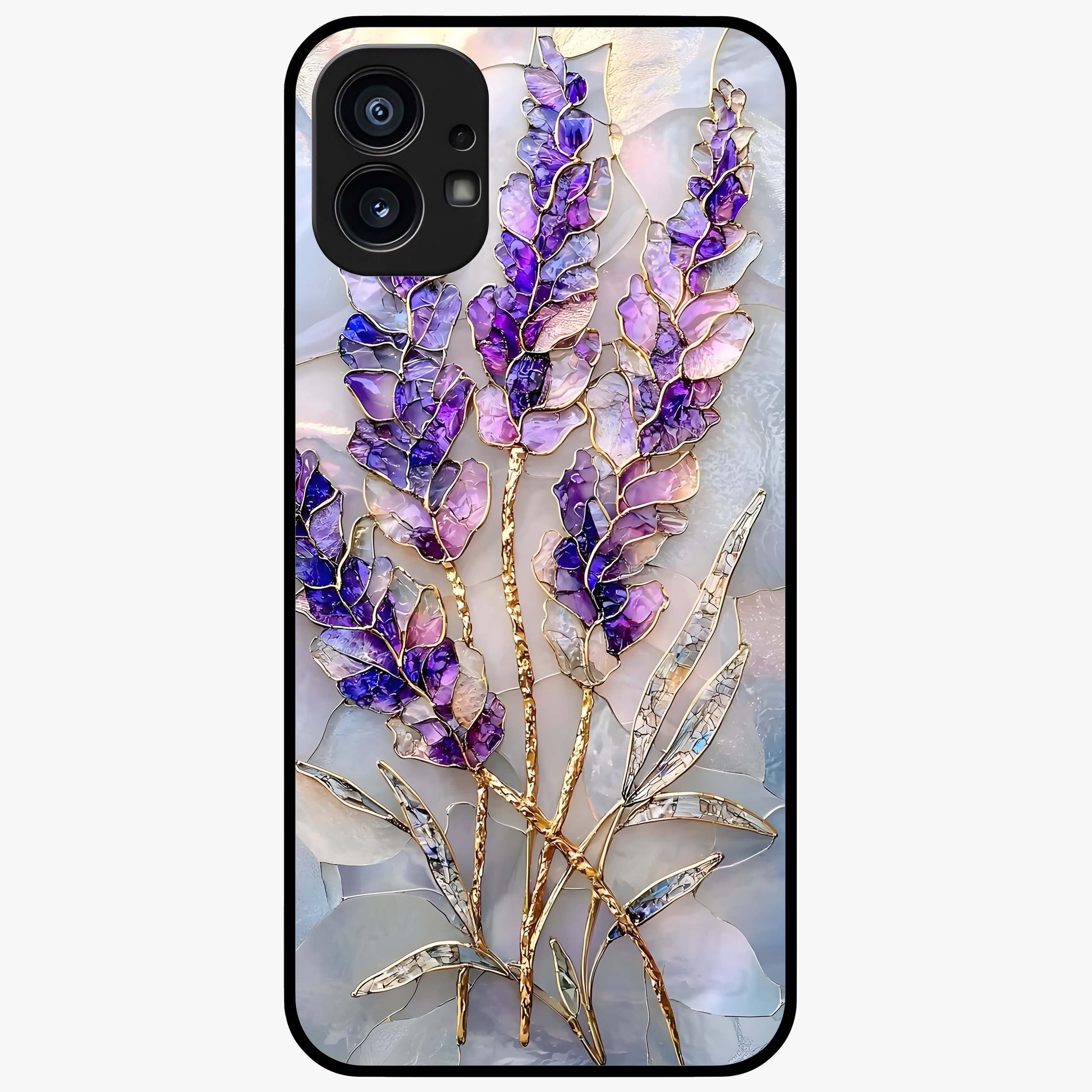 Lavender Dream Glow Glass Case showing flat back view with glowing lavender aesthetic artwork and glossy glass finish.