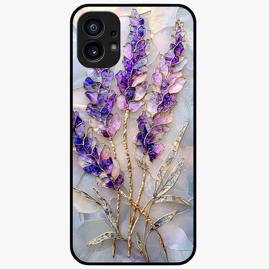 Lavender Dream Glow Glass Case showing flat back view with glowing lavender aesthetic artwork and glossy glass finish.
