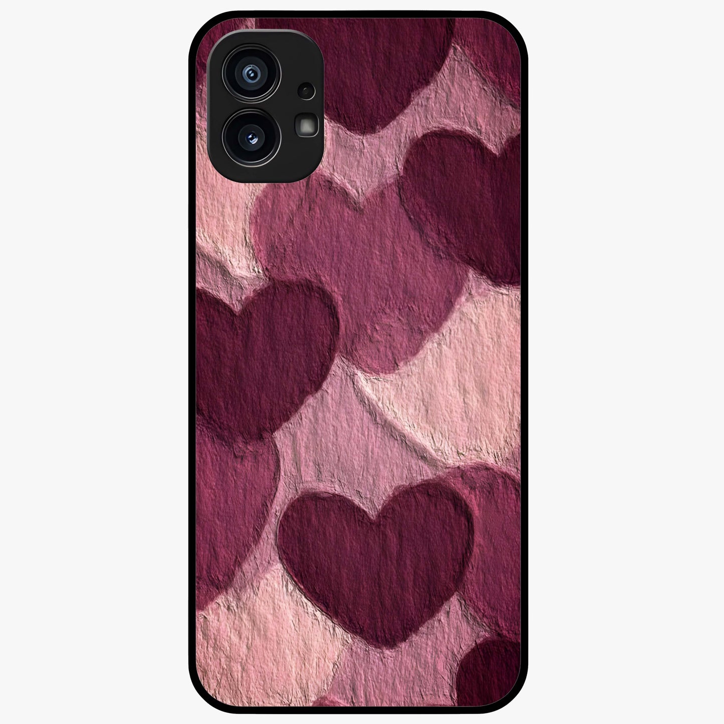 Layered Paper Hearts Glass Case showing flat back view with layered paper heart artwork and glossy glass finish.