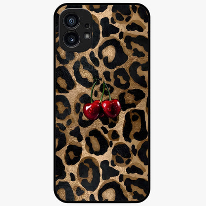 Leopard Wild Cherry Glass Case showing flat back view with leopard pattern and cherry artwork and glossy glass finish.