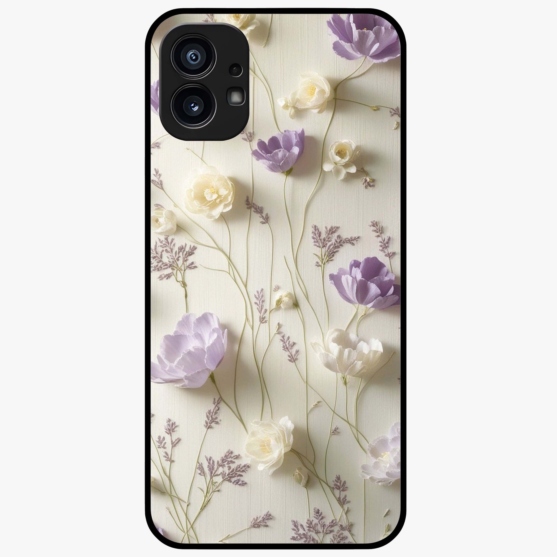 Lilac Breeze Harmony Glass Case showing flat back view with soft lilac themed artwork and glossy glass finish.