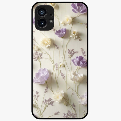 Lilac Breeze Harmony Glass Case showing flat back view with soft lilac themed artwork and glossy glass finish.