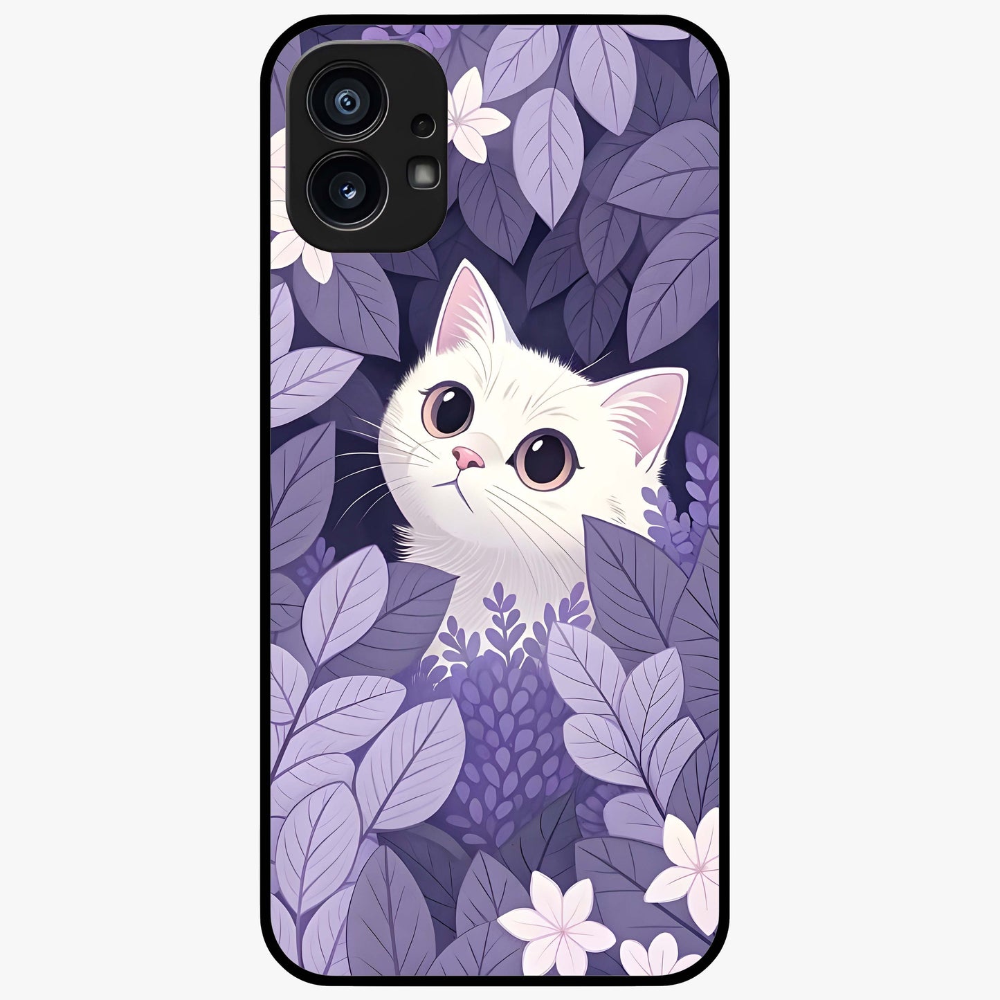 Lilac Hide Peek Cat Glass Case showing flat back view with cute peeking cat artwork and glossy glass finish.