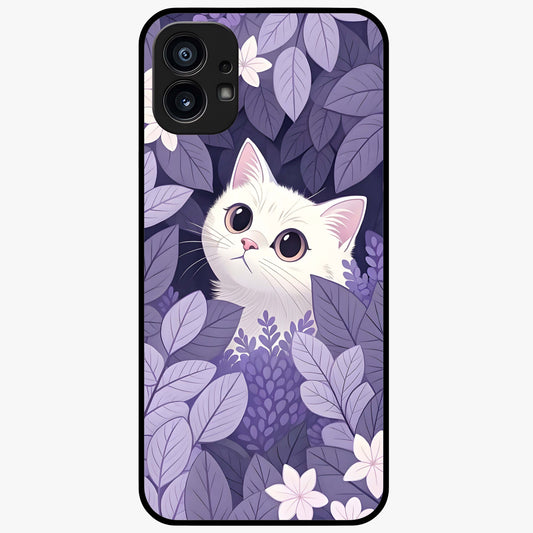 Lilac Hide Peek Cat Glass Case showing flat back view with cute peeking cat artwork and glossy glass finish.