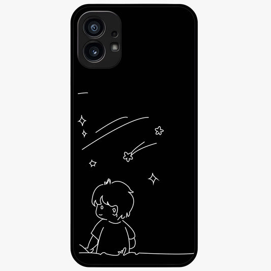 Line Art Boy With Shooting Stars Glass Case showing flat back view with minimal line art boy and shooting stars illustration and glossy glass finish.