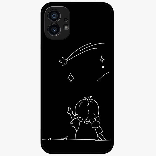 Line Art Girl With Shooting Stars Glass Case showing flat back view with minimal line art girl and shooting stars illustration and glossy glass finish.