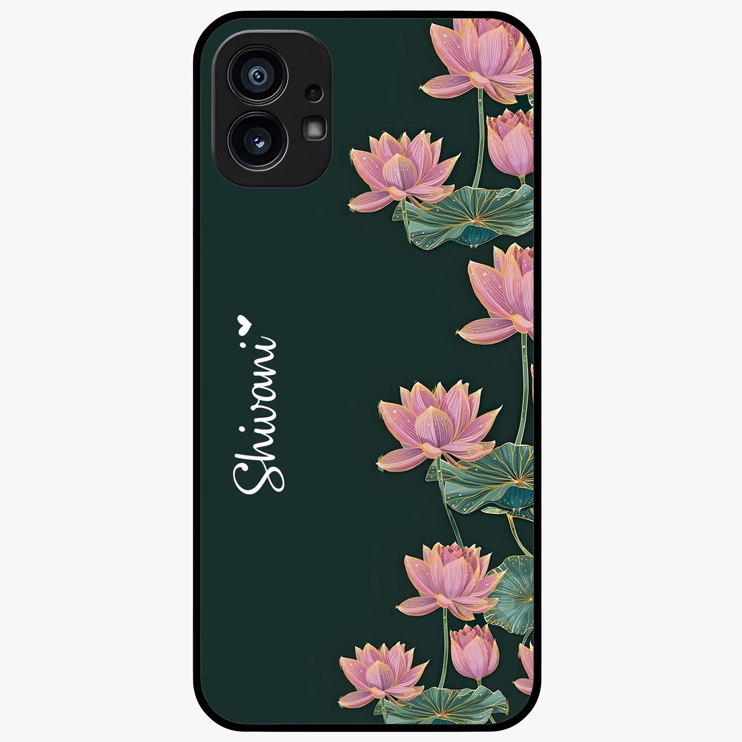 Lotus Bloom Serenity Custom Name Glass Case showing flat back view with elegant lotus flower artwork and personalized name design.