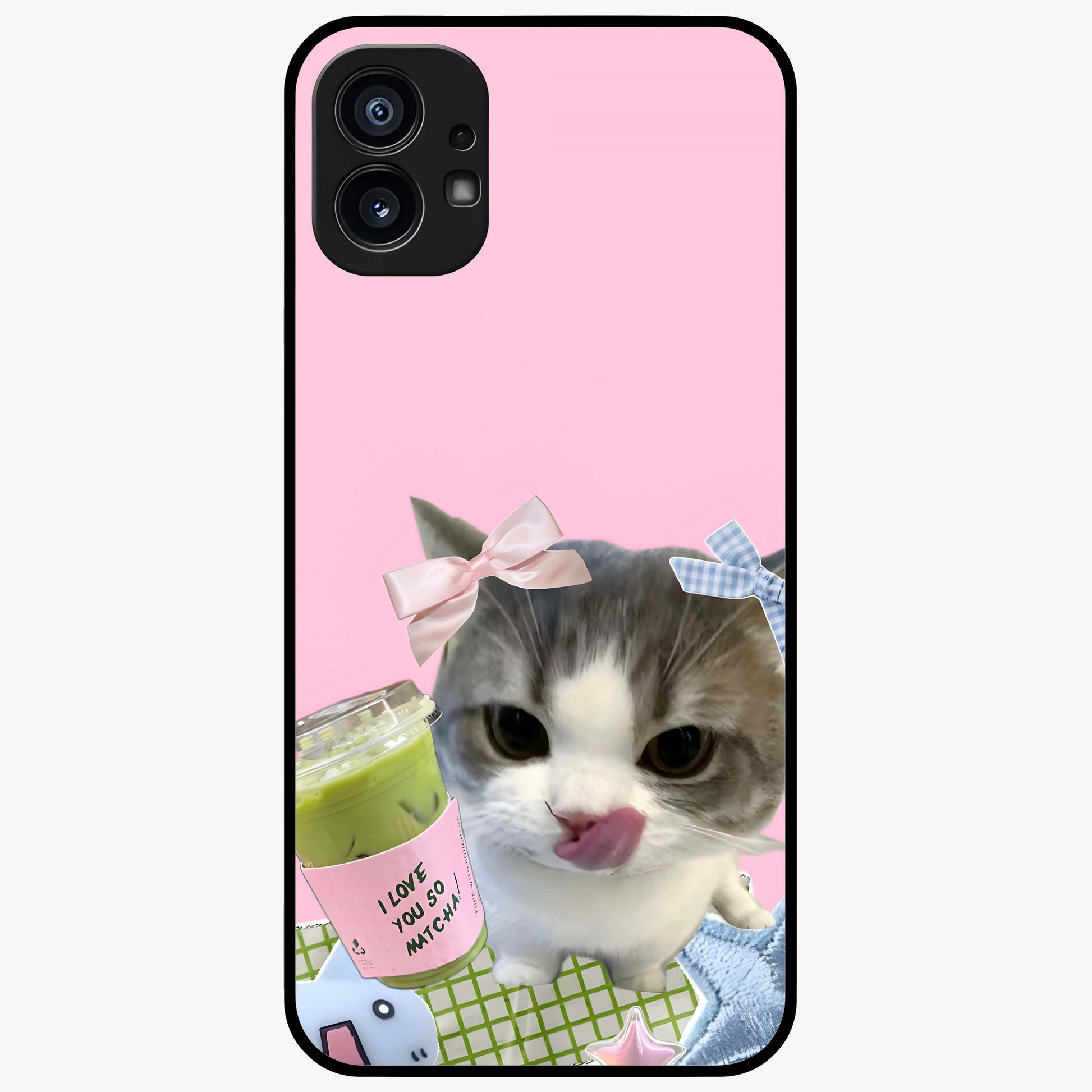 Love Matcha Cat Glass Case showing flat back view with cute cat and matcha themed artwork and glossy glass finish.