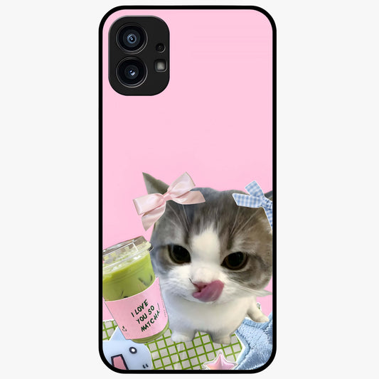 Love Matcha Cat Glass Case showing flat back view with cute cat and matcha themed artwork and glossy glass finish.
