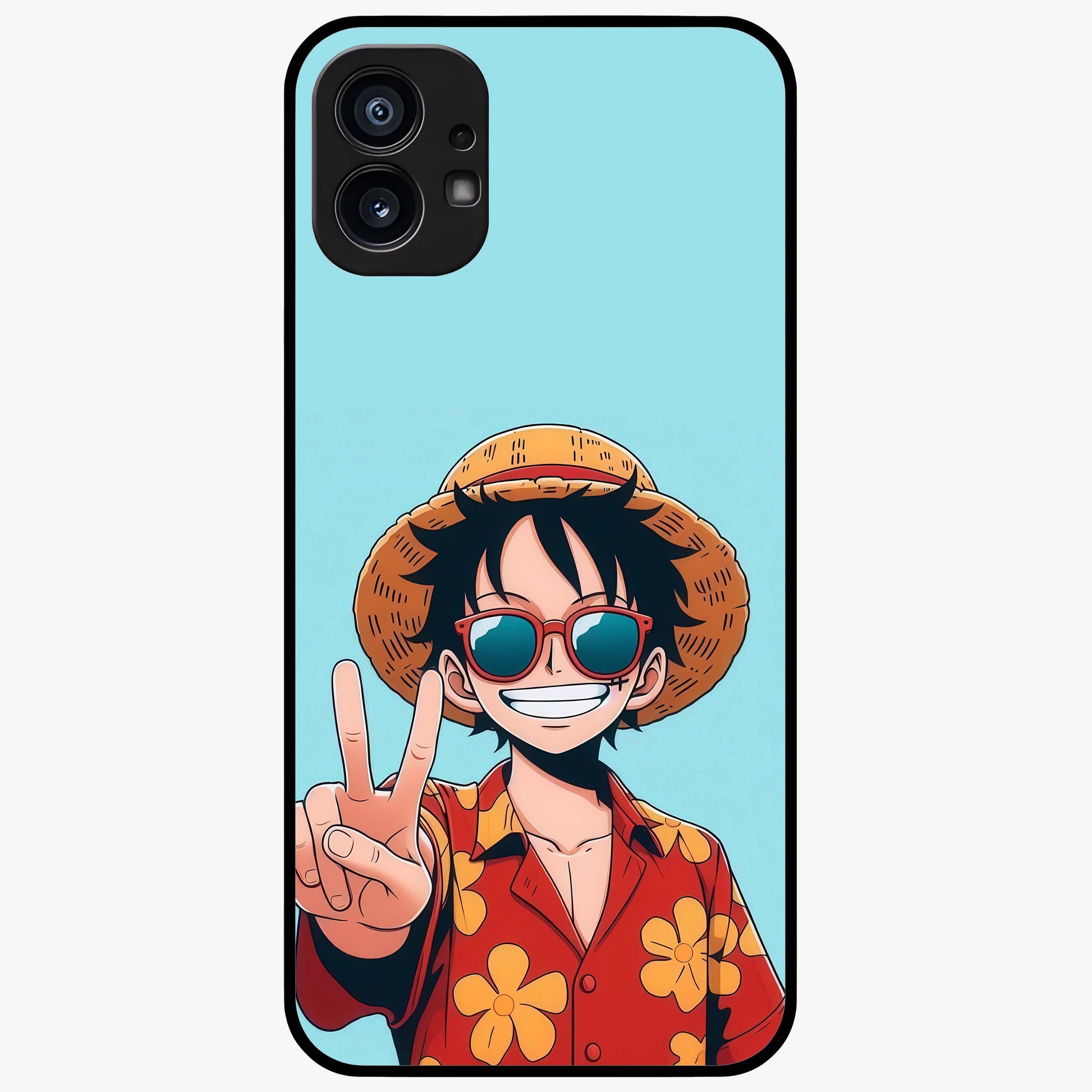 Luffy Summer Anime Vibe Glass Case showing flat back view with vibrant anime character artwork and glossy glass finish.
