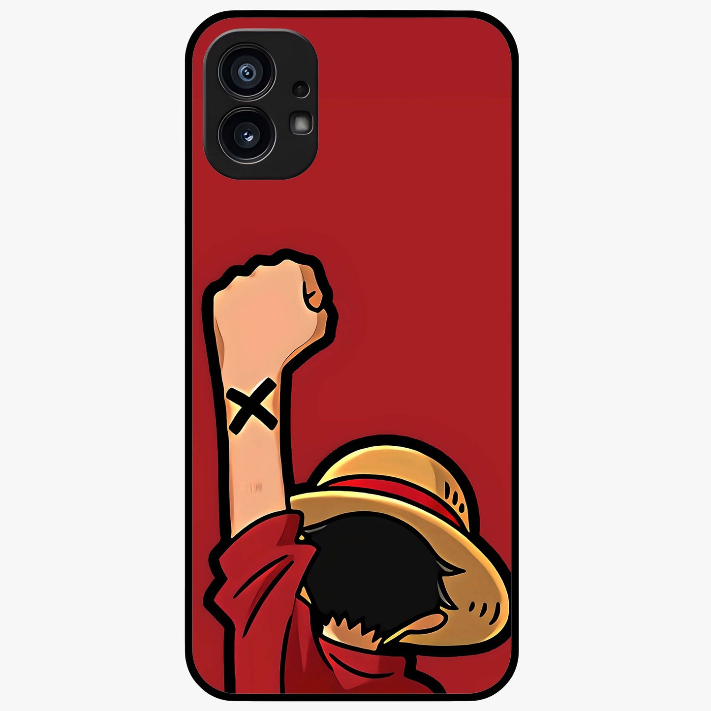 Luffy X Spirit Glass Case showing flat back view with bold anime character artwork and glossy glass finish.