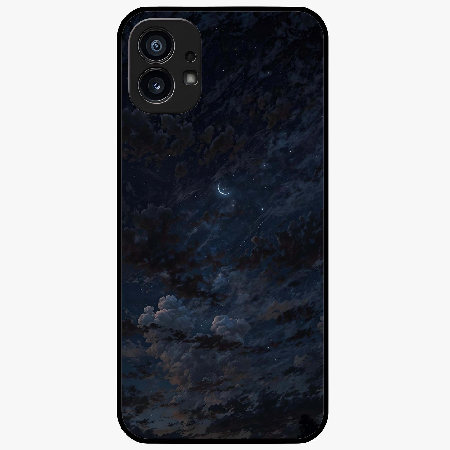 Lunar Veil Silence Glass Case showing flat back view with mystical moon veil artwork and glossy glass finish.