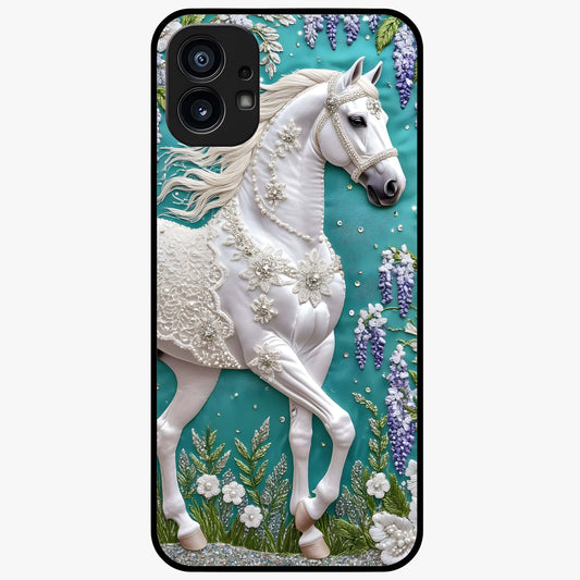 Majestic Floral Stallion Glass Case showing flat back view with powerful horse and floral artwork and glossy glass finish.