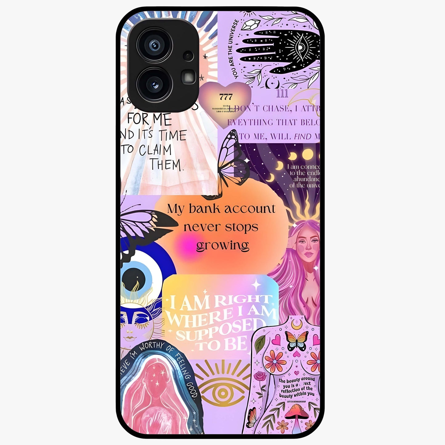 Manifestation Collage Glass Case showing flat back view with motivational collage artwork and glossy glass finish.