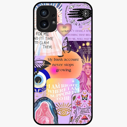 Manifestation Collage Glass Case showing flat back view with motivational collage artwork and glossy glass finish.