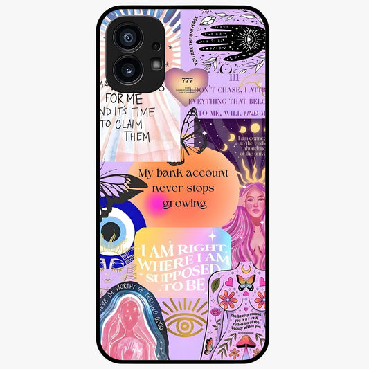 Manifestation Collage Glass Case showing flat back view with motivational collage artwork and glossy glass finish.