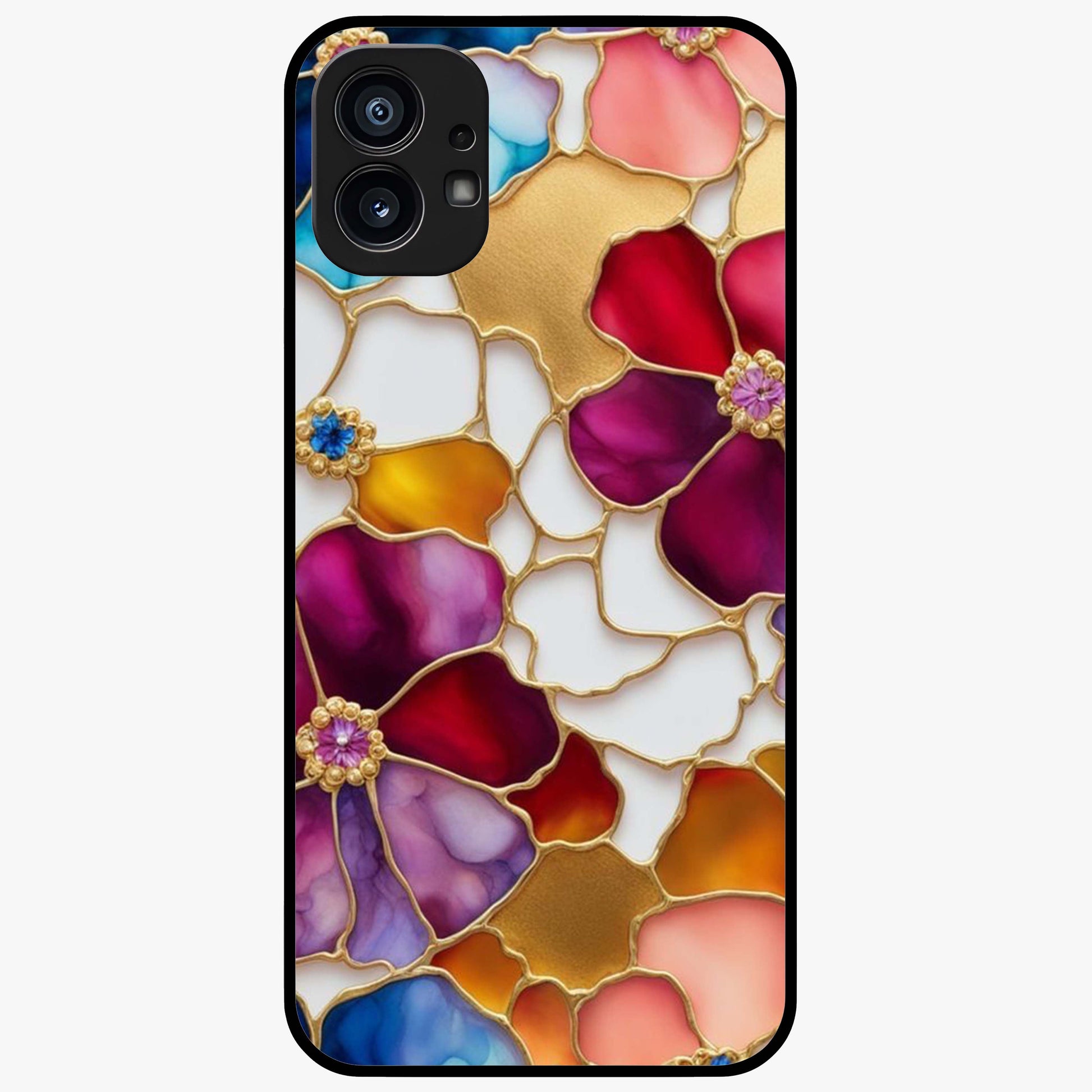 Marble Flower Pattern Glass Case showing flat back view with marble texture floral artwork and glossy glass finish.