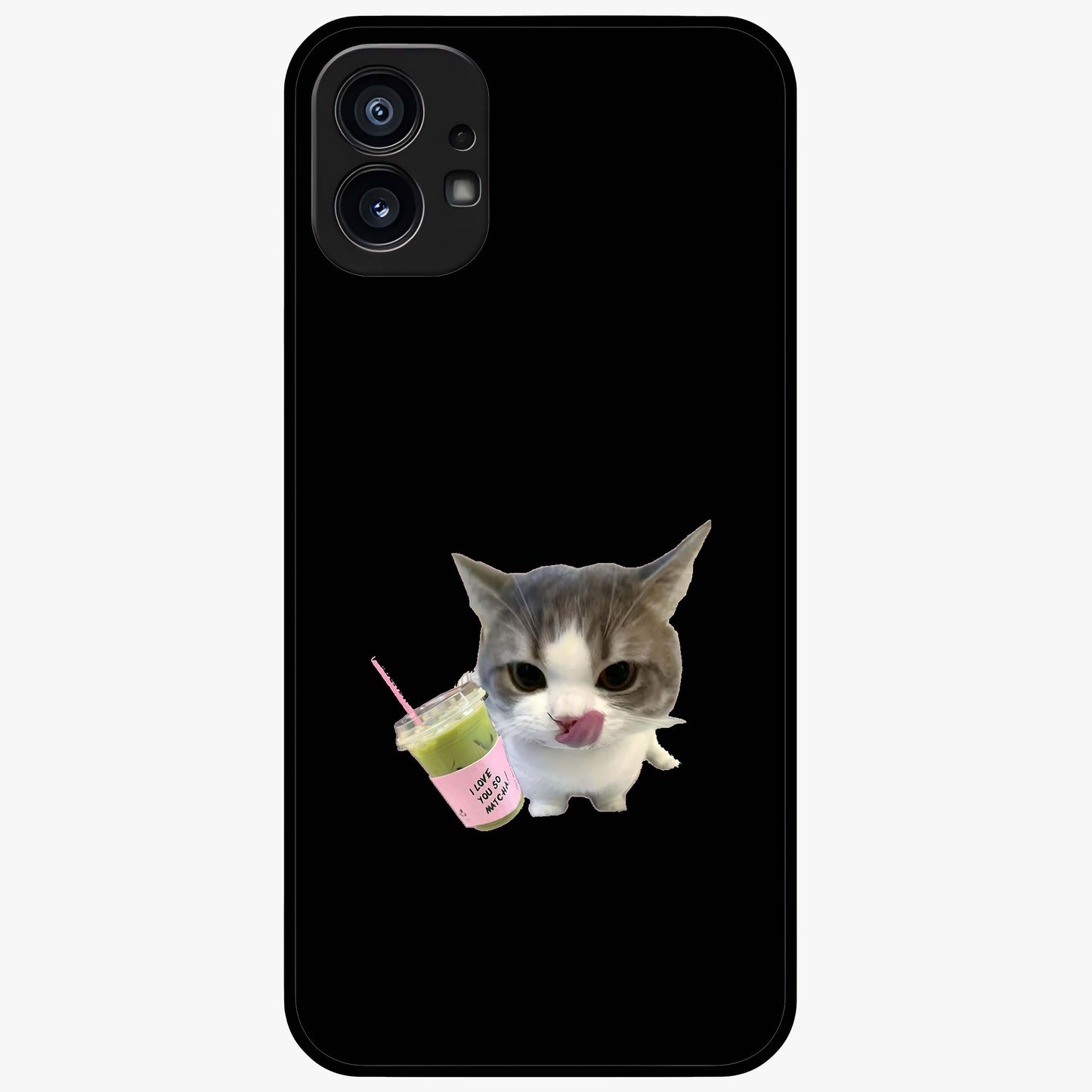 Matcha Cat Style Glass Case showing flat back view with cute matcha themed cat artwork and glossy glass finish.