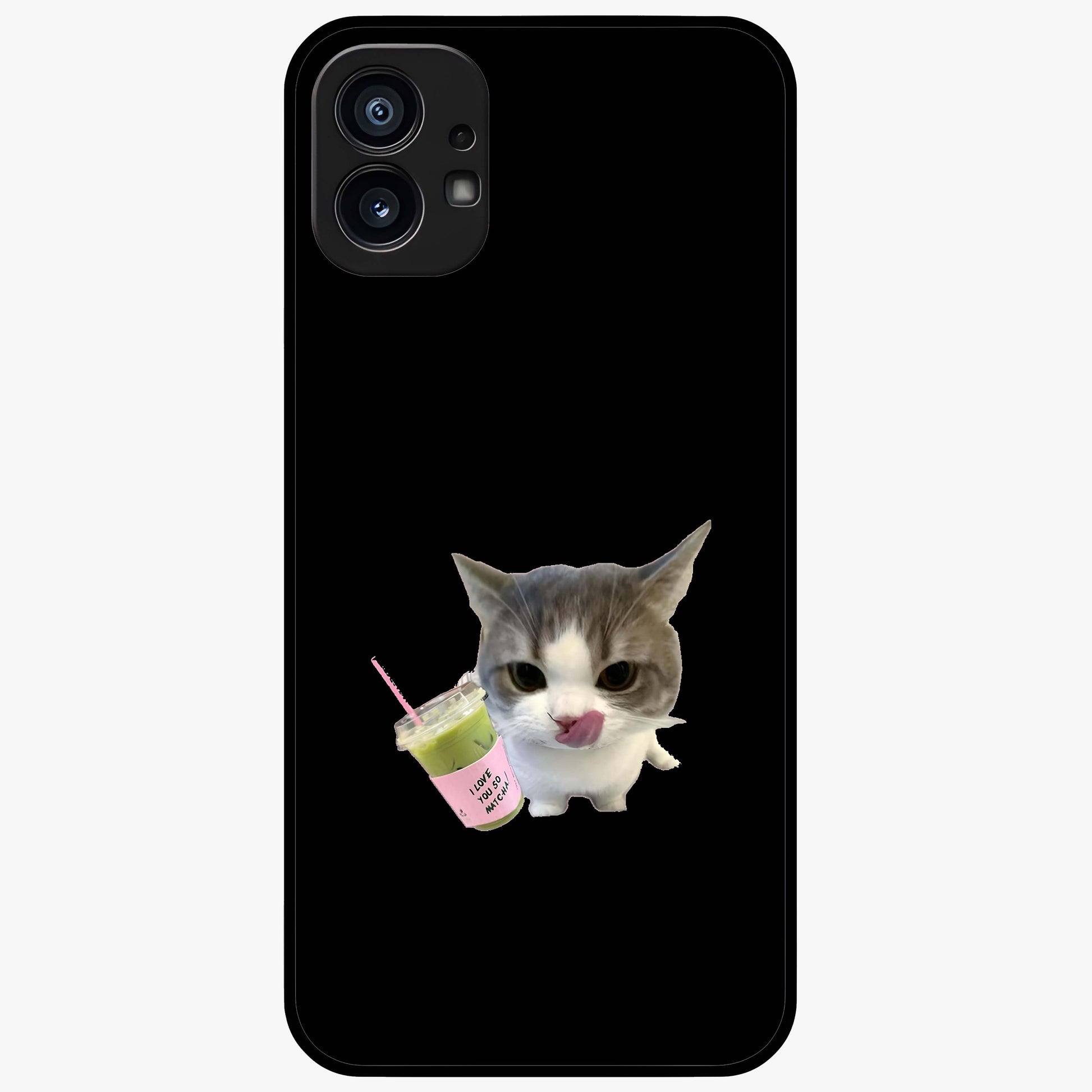 Matcha Cat Style Glass Case showing flat back view with cute matcha themed cat artwork and glossy glass finish.