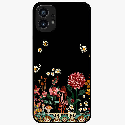 Midnight Bloom Pattern Glass Case showing flat back view with dark floral pattern artwork and glossy glass finish.