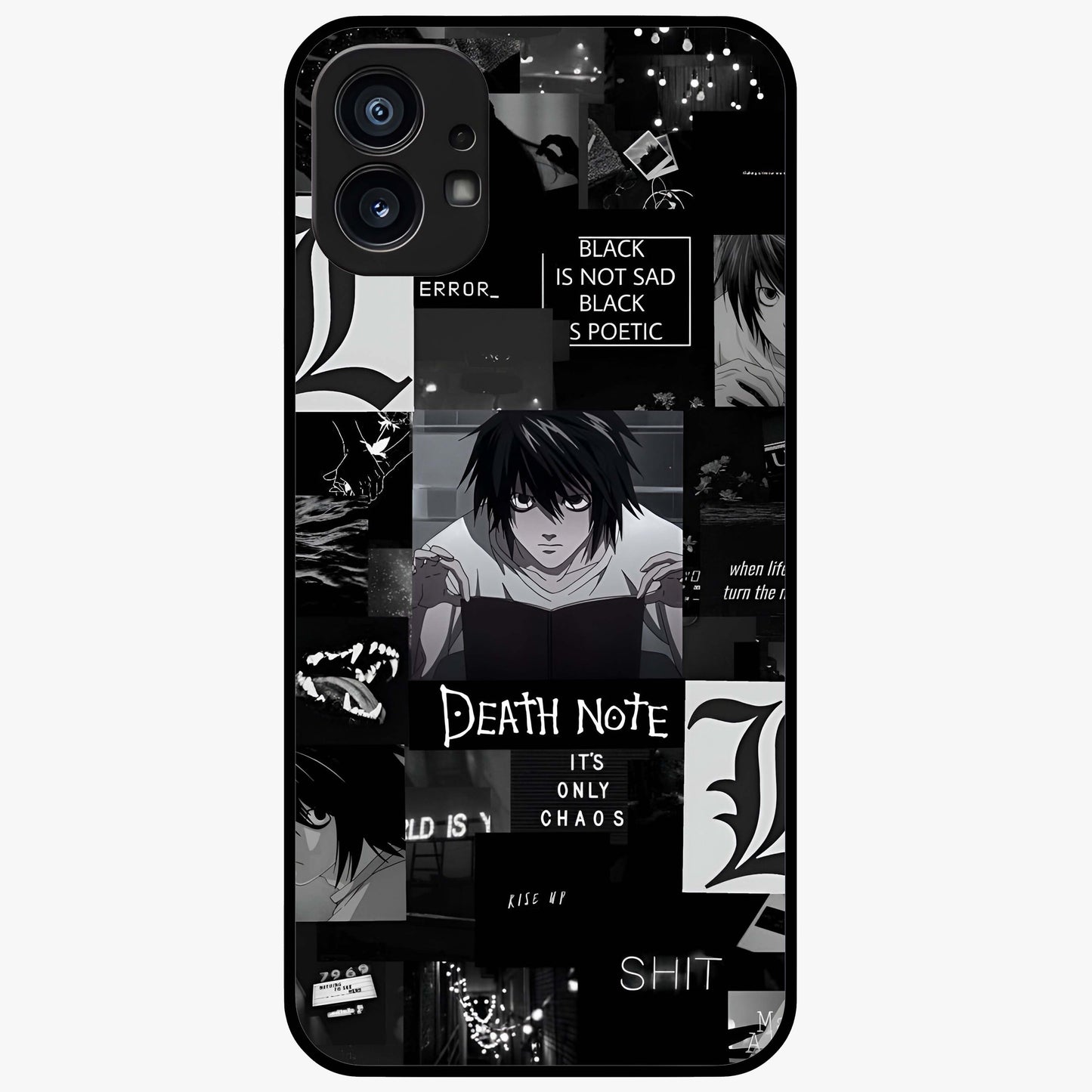 Midnight Chaos Mind Glass Case showing flat back view with abstract dark themed artwork and glossy glass finish.