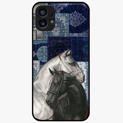Midnight Stallion Blues Glass Case showing flat back view with majestic horse artwork and glossy glass finish.