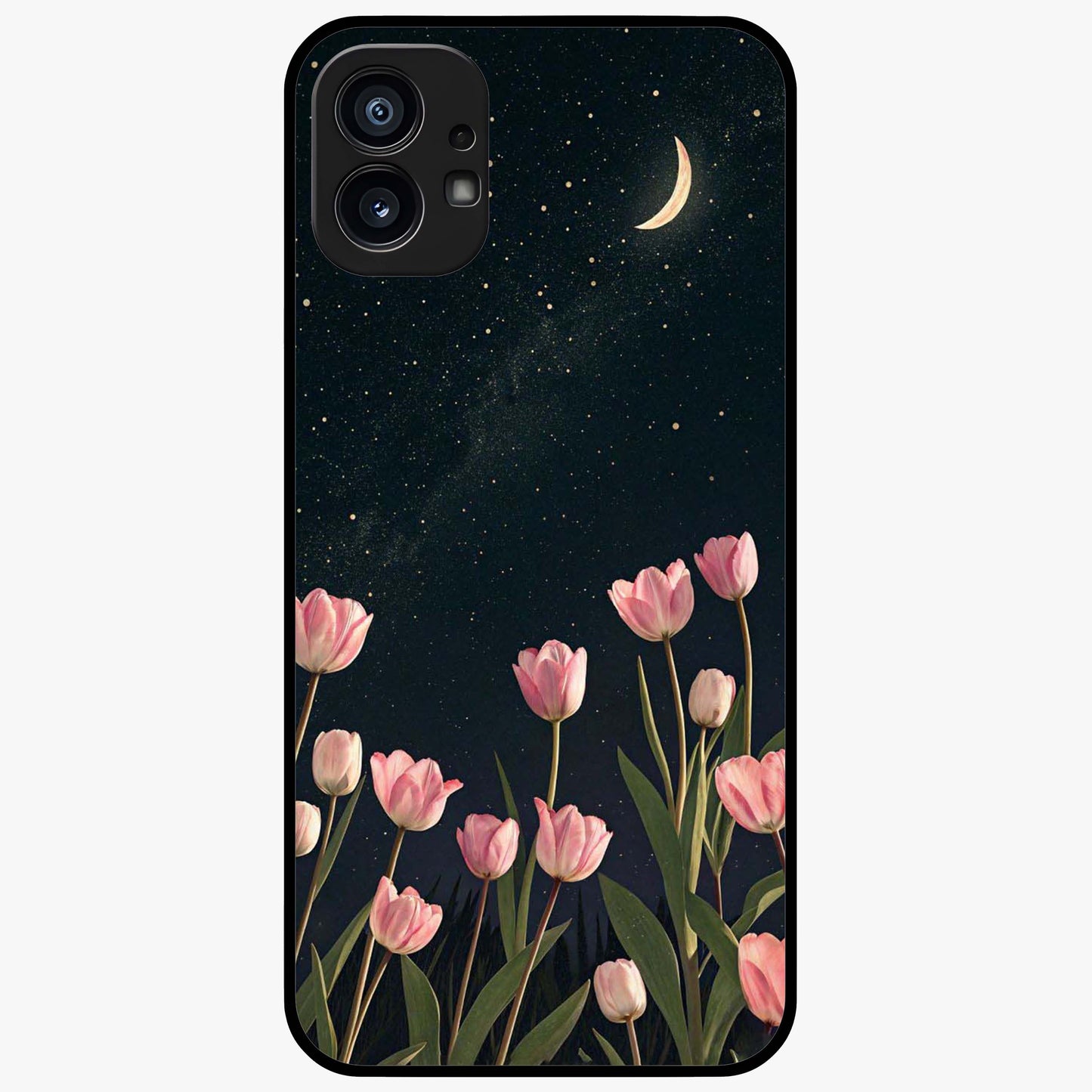 Midnight Tulip Whispers Vibe Glass Case showing flat back view with elegant tulip flower artwork and glossy glass finish.