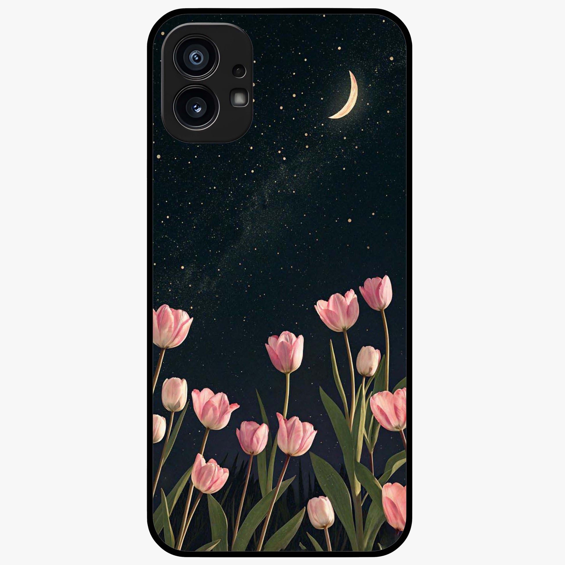Midnight Tulip Whispers Vibe Glass Case showing flat back view with elegant tulip flower artwork and glossy glass finish.