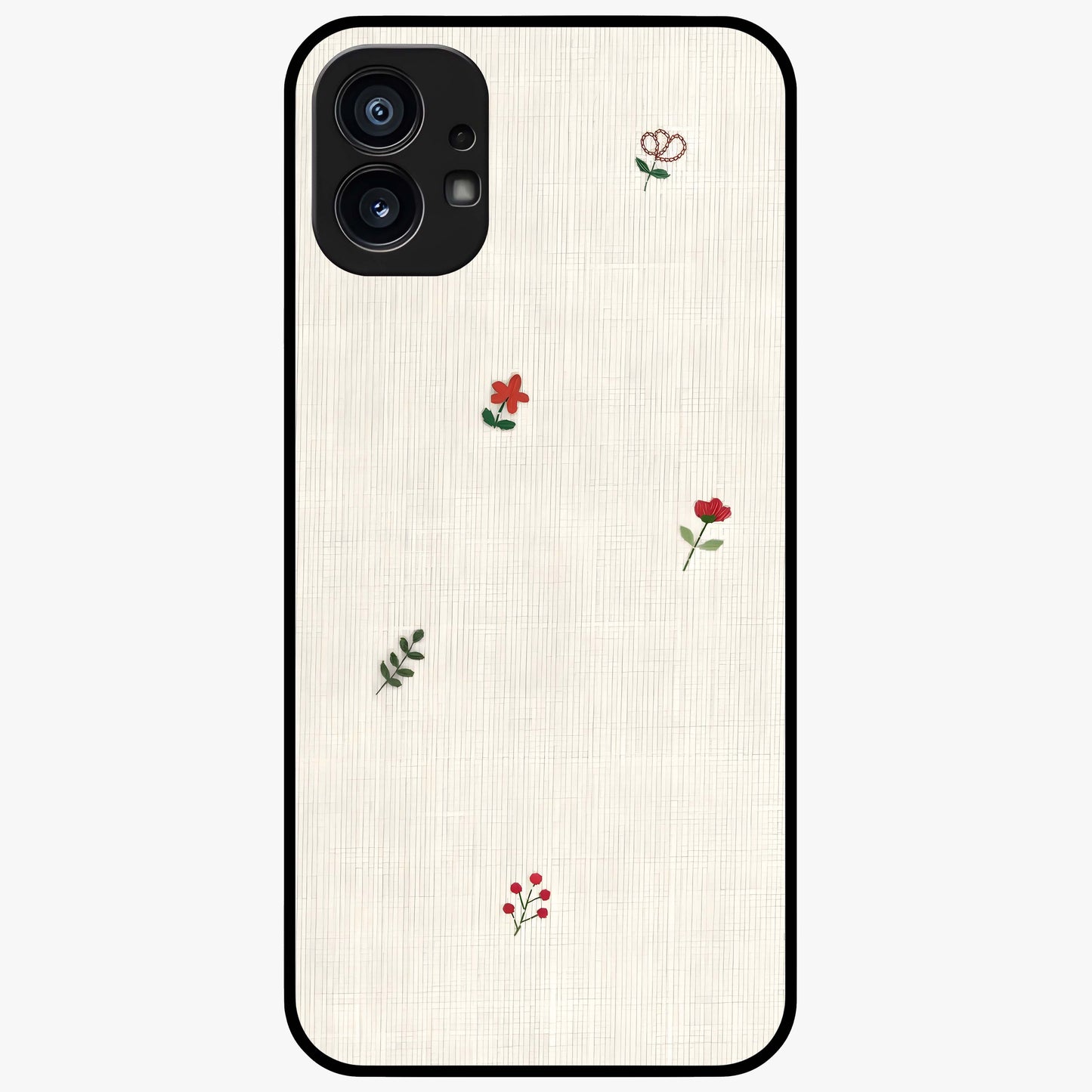 Minimal Petal Whispers Glass Case showing flat back view with soft minimal floral artwork and glossy glass finish.