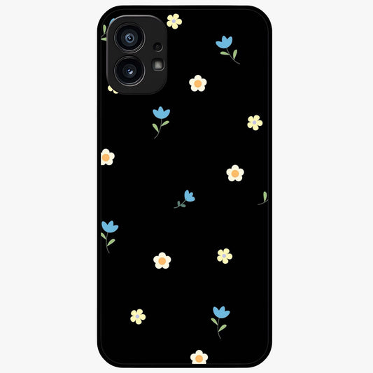Minimalistic Blue With White Flower Pattern Glass Case showing flat back view with blue background and white flower pattern and glossy glass finish.