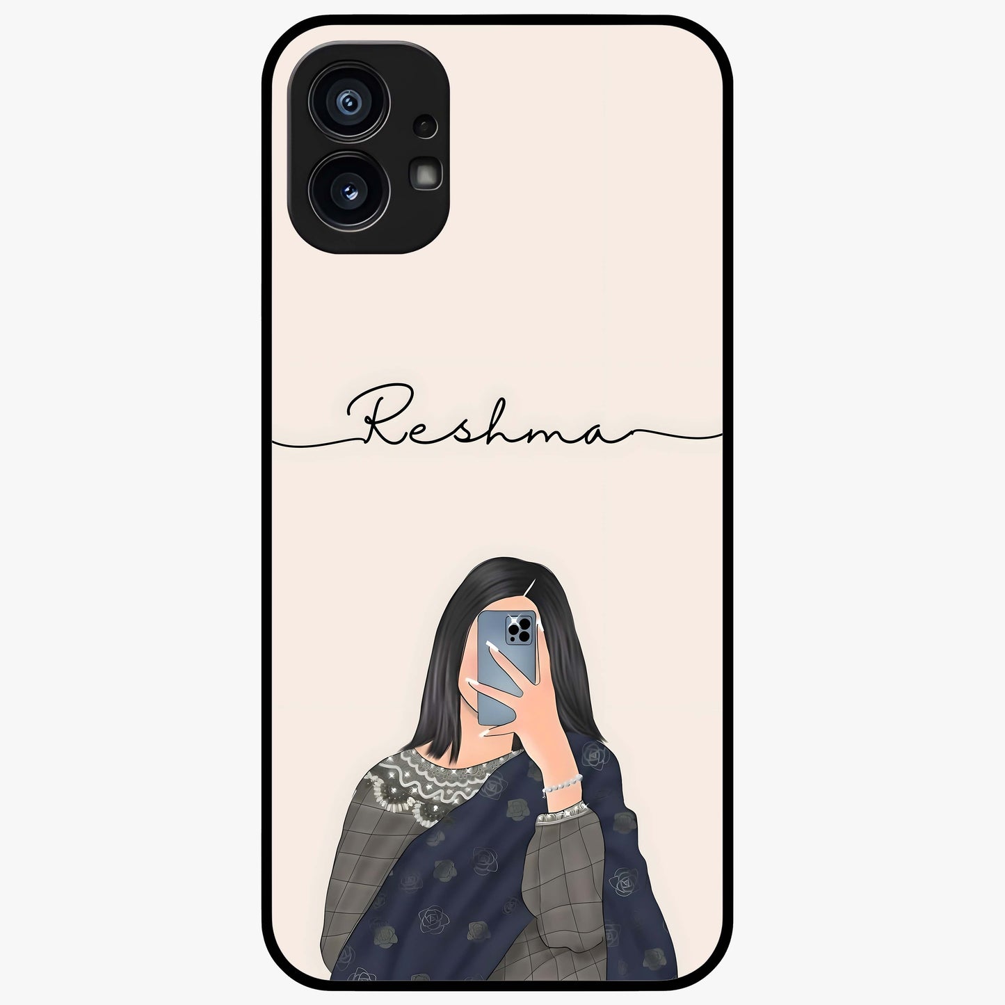 Mirror Mood Muse With Custom Name Glass Case showing flat back view with stylish mirrored artwork and personalized name design.