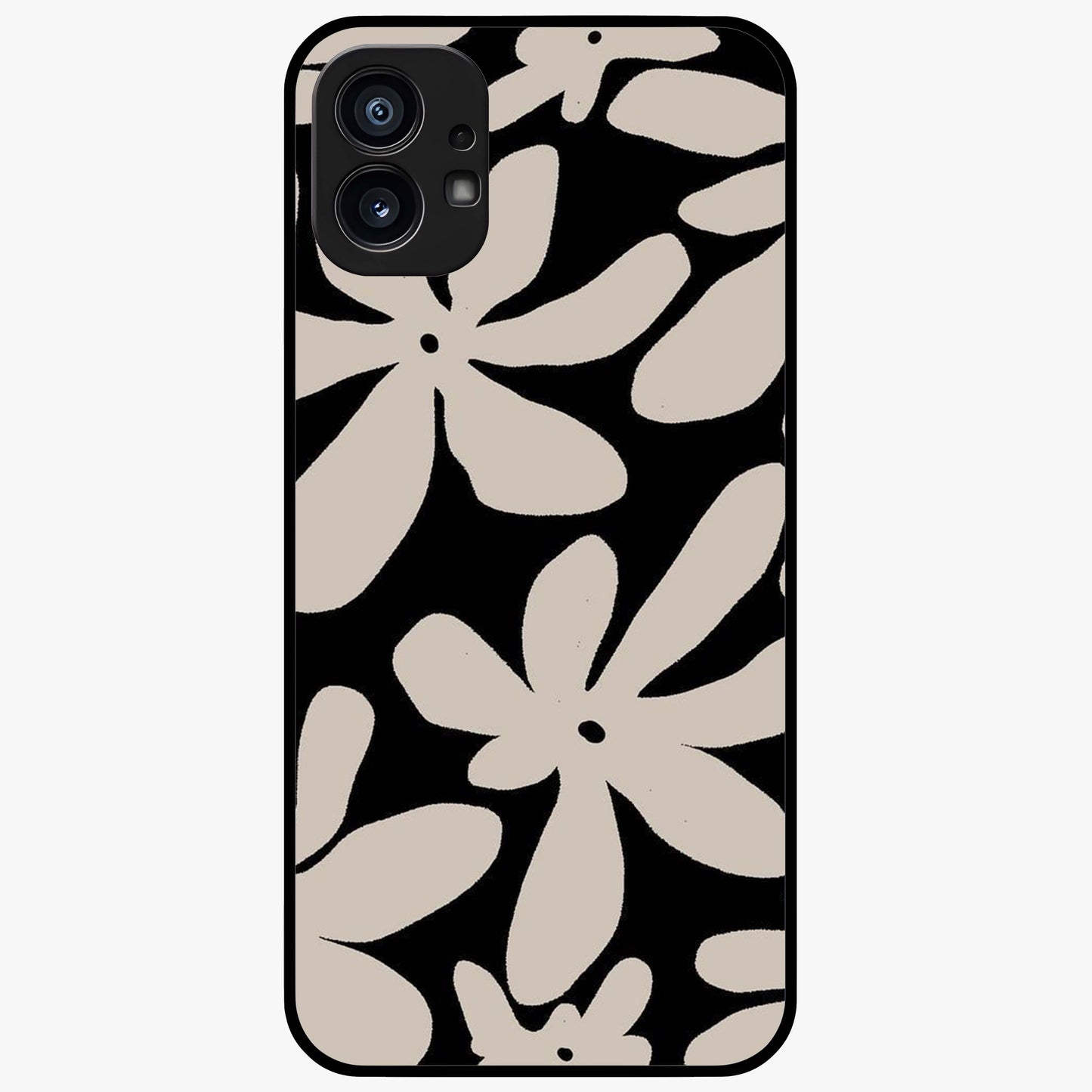 Monochrome Petal Dance Glass Case showing flat back view with monochrome floral artwork and glossy glass finish.