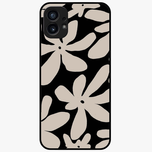 Monochrome Petal Dance Glass Case showing flat back view with monochrome floral artwork and glossy glass finish.
