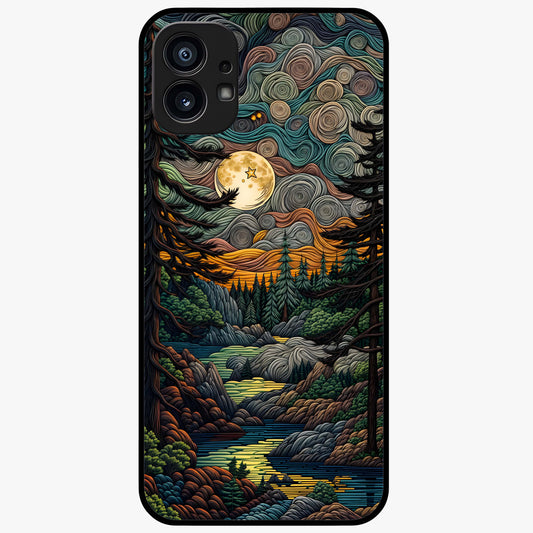 Moonlight Forest Dream Glass Case showing flat back view with mystical forest moonlight artwork and glossy glass finish.