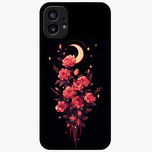 Moonlit Floral Elegance Glass Case showing flat back view with elegant floral artwork under moonlit tones and glossy glass finish.