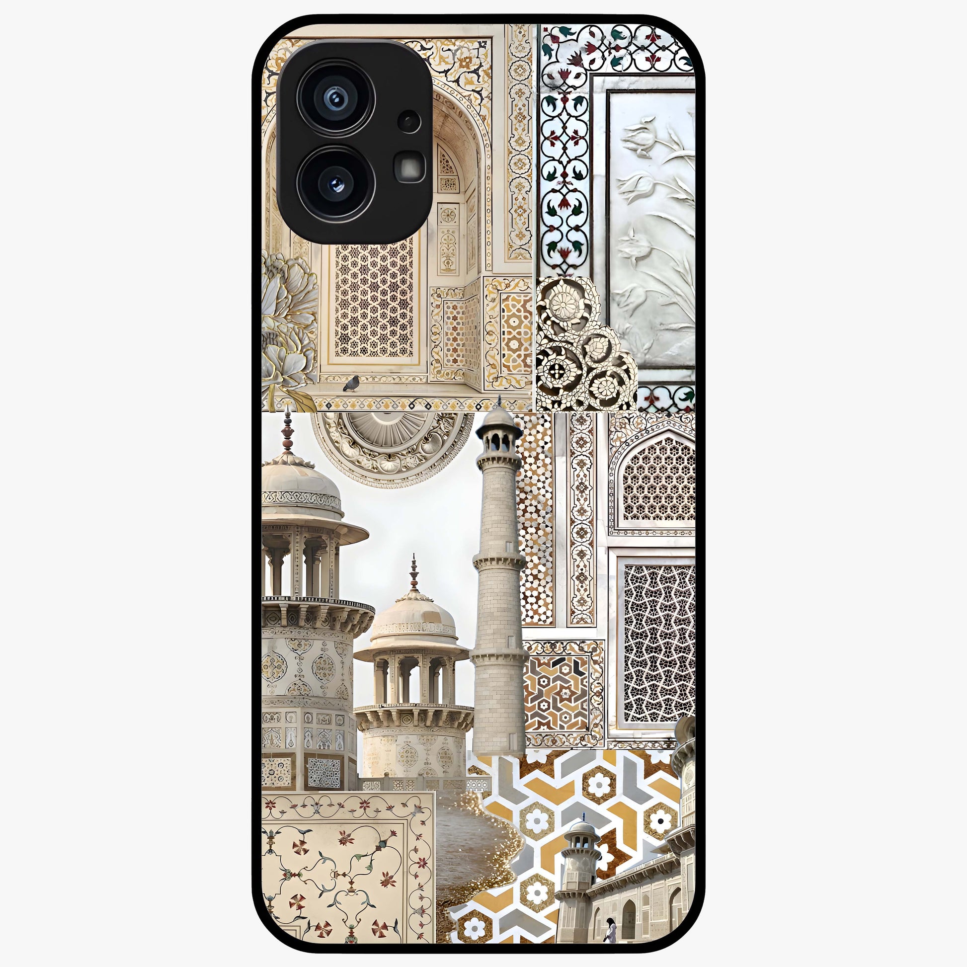 Mughal Marble Legacy Glass Case showing flat back view with intricate Mughal inspired marble pattern and glossy glass finish.