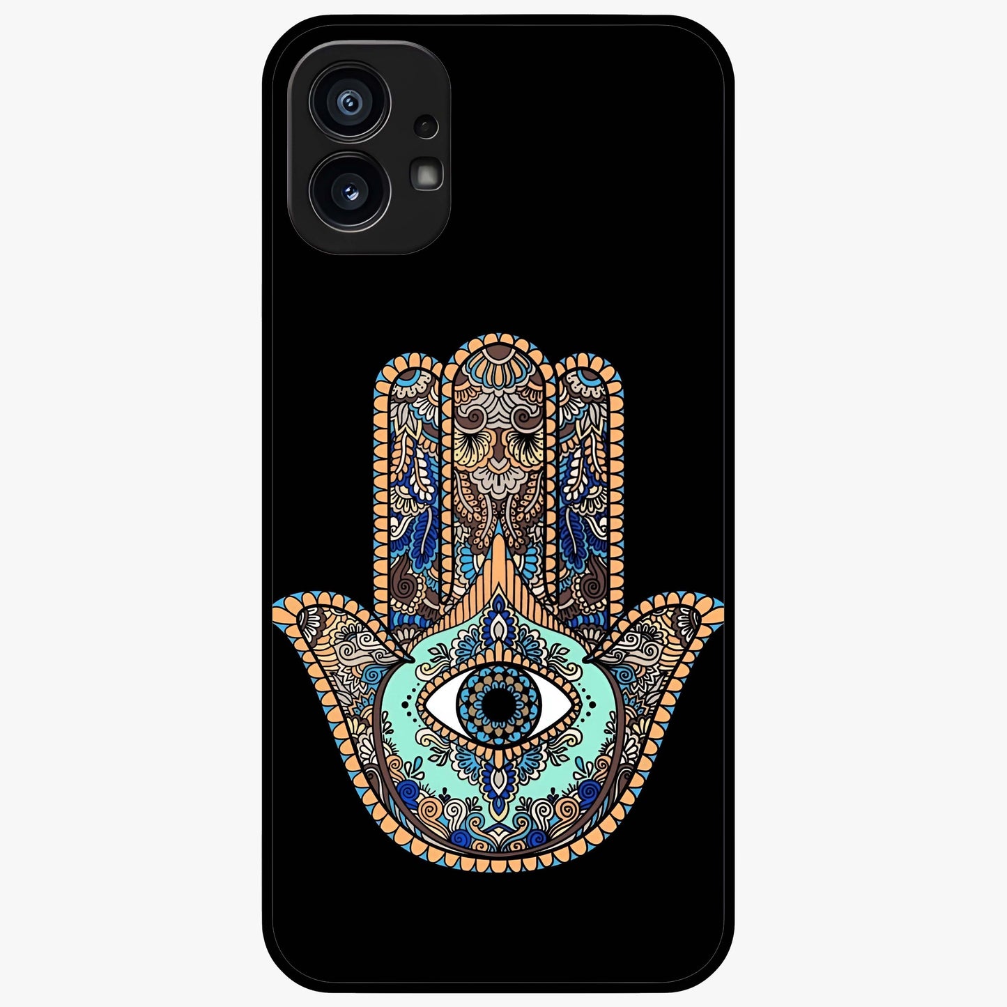Mystic Hamsa Eye Glass Case showing flat back view with protective hamsa hand and evil eye artwork and glossy glass finish.