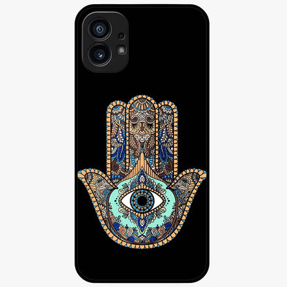 Mystic Hamsa Eye Glass Case showing flat back view with protective hamsa hand and evil eye artwork and glossy glass finish.