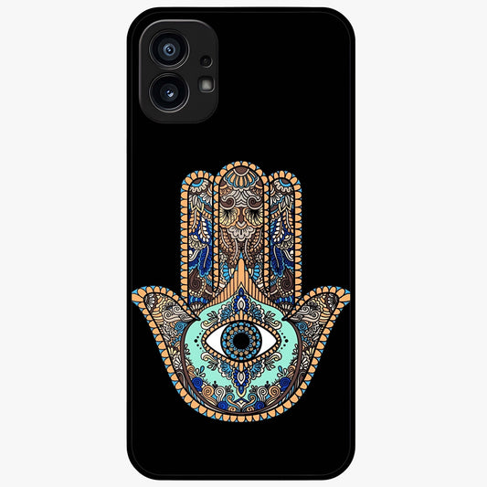 Mystic Hamsa Eye Glass Case showing flat back view with protective hamsa hand and evil eye artwork and glossy glass finish.