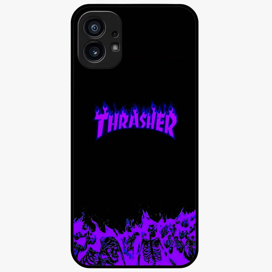 Neon Flame Riot Glass Case showing flat back view with neon flame artwork and glossy glass finish.