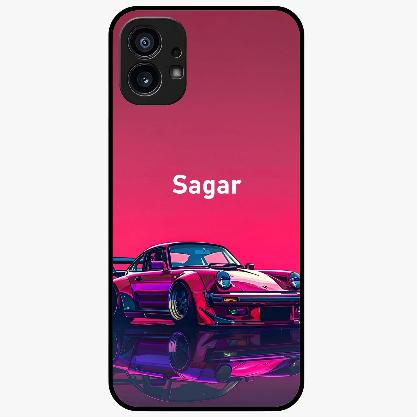 Neon Pink Porsche Glass Case showing flat back view with stylish sports car artwork and glossy glass finish.