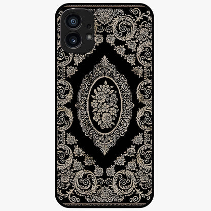 Noir Bloom Elegance Glass Case showing flat back view with elegant dark floral artwork and glossy glass finish.