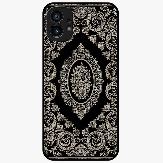 Noir Bloom Elegance Glass Case showing flat back view with elegant dark floral artwork and glossy glass finish.