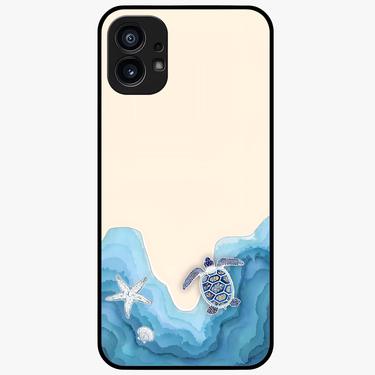Ocean Drift Turtle Glass Case showing flat back view with sea turtle artwork and glossy glass finish.
