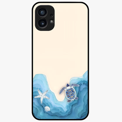 Ocean Drift Turtle Glass Case showing flat back view with sea turtle artwork and glossy glass finish.