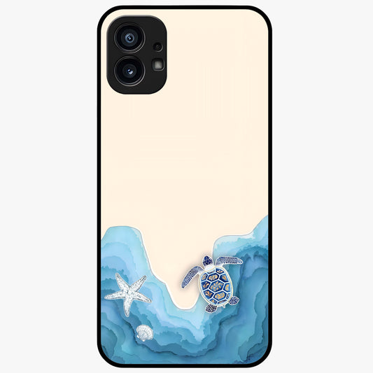Ocean Drift Turtle Glass Case showing flat back view with sea turtle artwork and glossy glass finish.