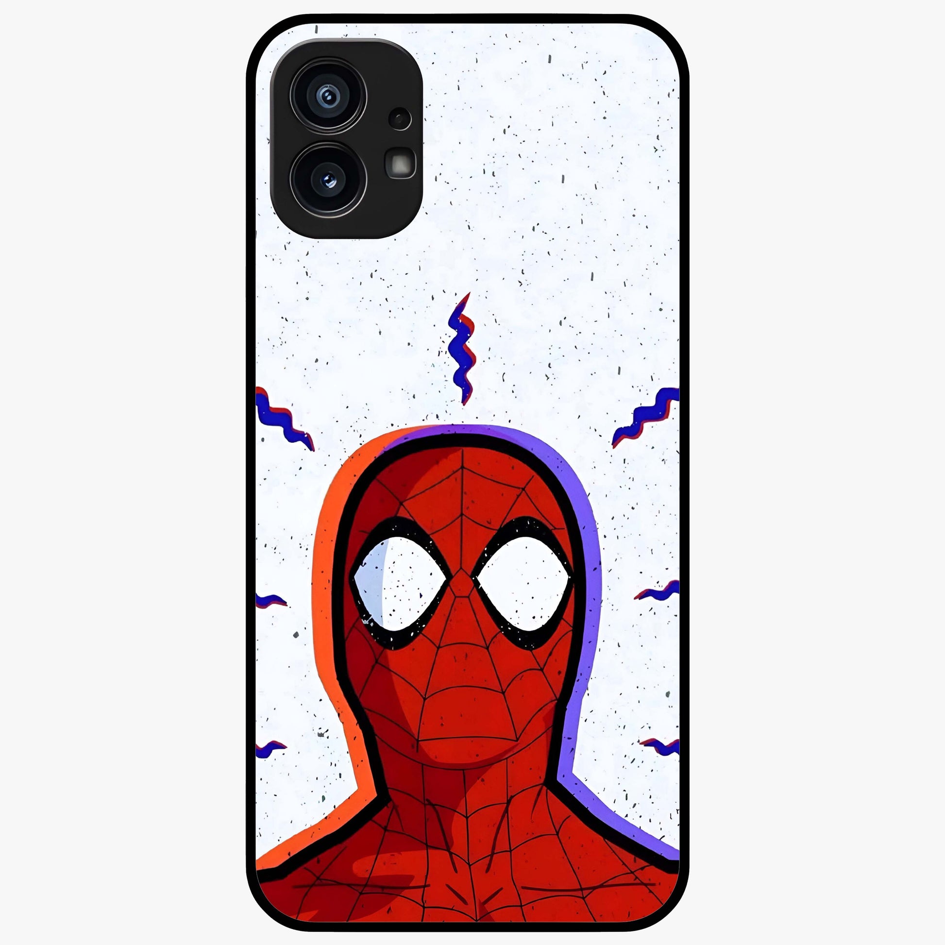 Omg Spiderman Glass Case showing flat back view with bold superhero inspired artwork and glossy glass finish.