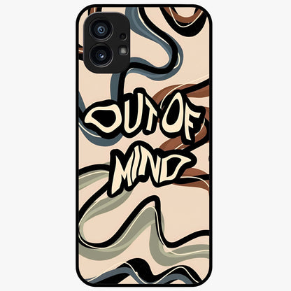 Out Of Mind Glass Case showing flat back view with expressive typography artwork and glossy glass finish.
