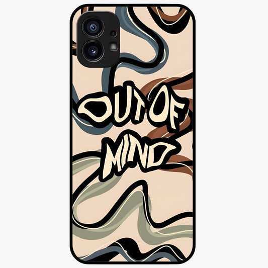 Out Of Mind Glass Case showing flat back view with expressive typography artwork and glossy glass finish.