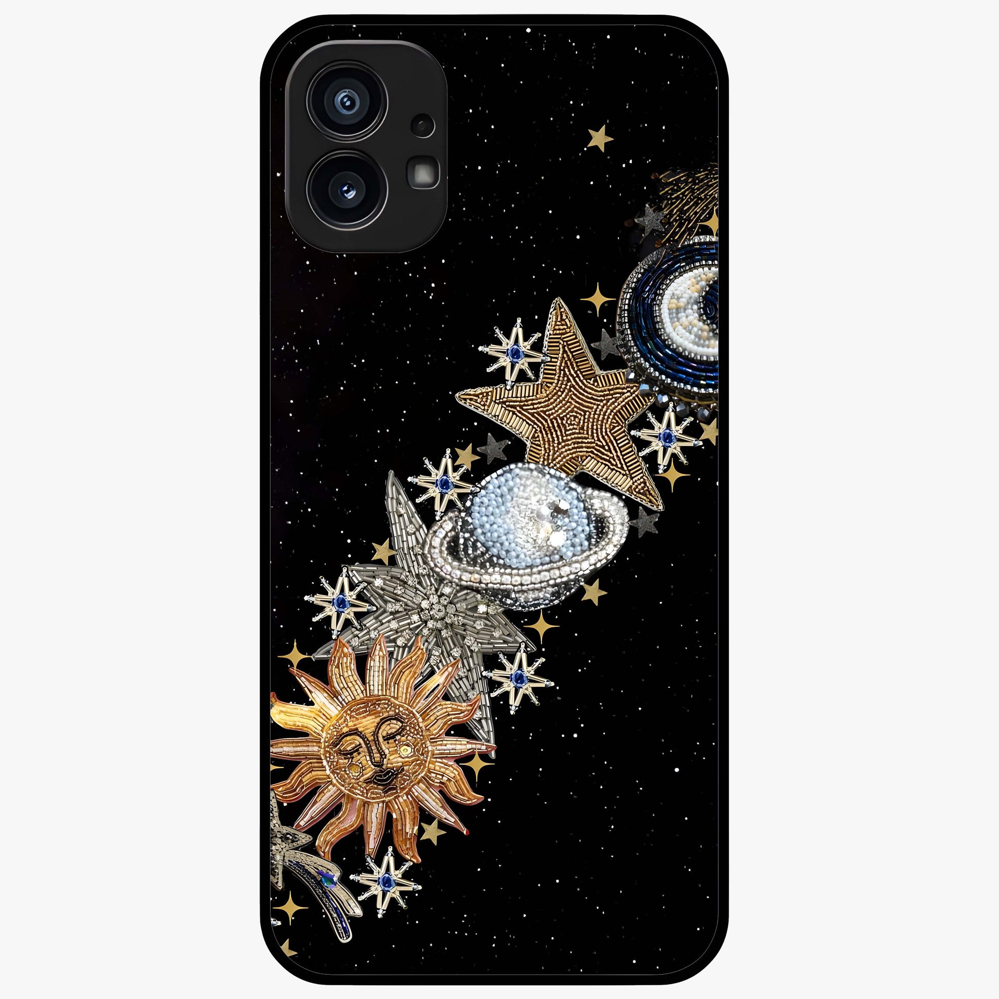 Pearls Universe Object Glass Case showing flat back view with pearl inspired cosmic artwork and glossy glass finish.